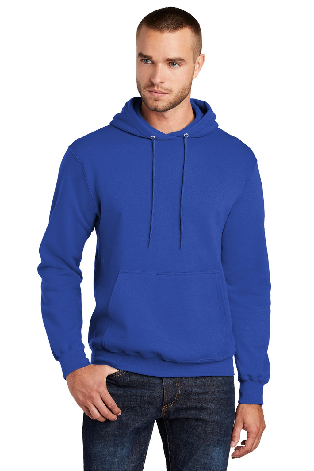 Port & Company PC78H/PC78HT Mens Core Pill Resistant Fleece Hooded Sweatshirt Hoodie w/ Pouch Pocket True Royal Blue Model Front