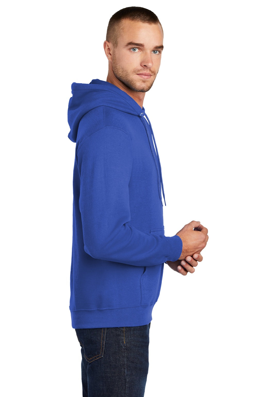 Port & Company PC78H/PC78HT Mens Core Pill Resistant Fleece Hooded Sweatshirt Hoodie w/ Pouch Pocket True Royal Blue Model Side