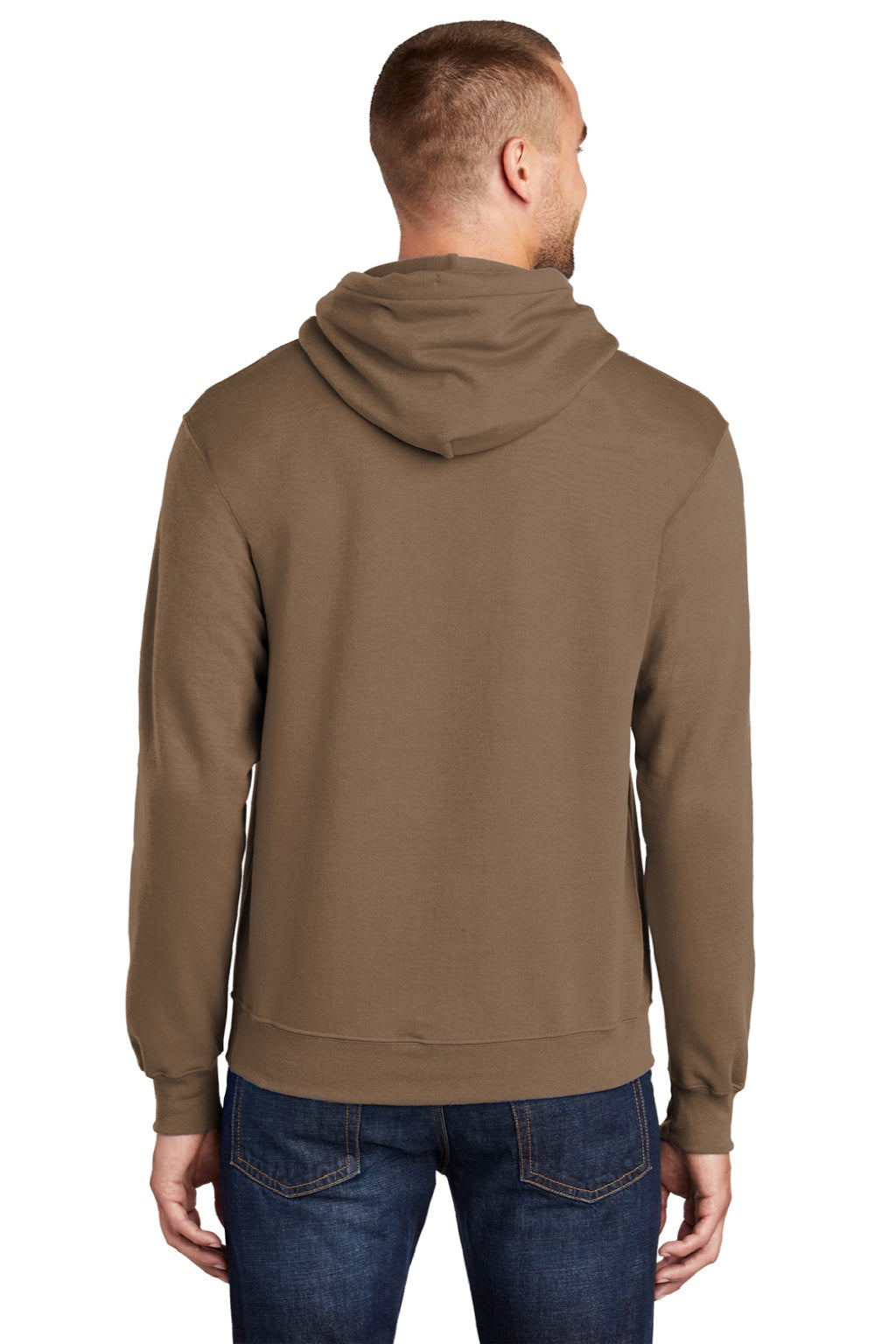 Port & Company PC78H/PC78HT Mens Core Pill Resistant Fleece Hooded Sweatshirt Hoodie w/ Pouch Pocket Woodland Brown Model Back