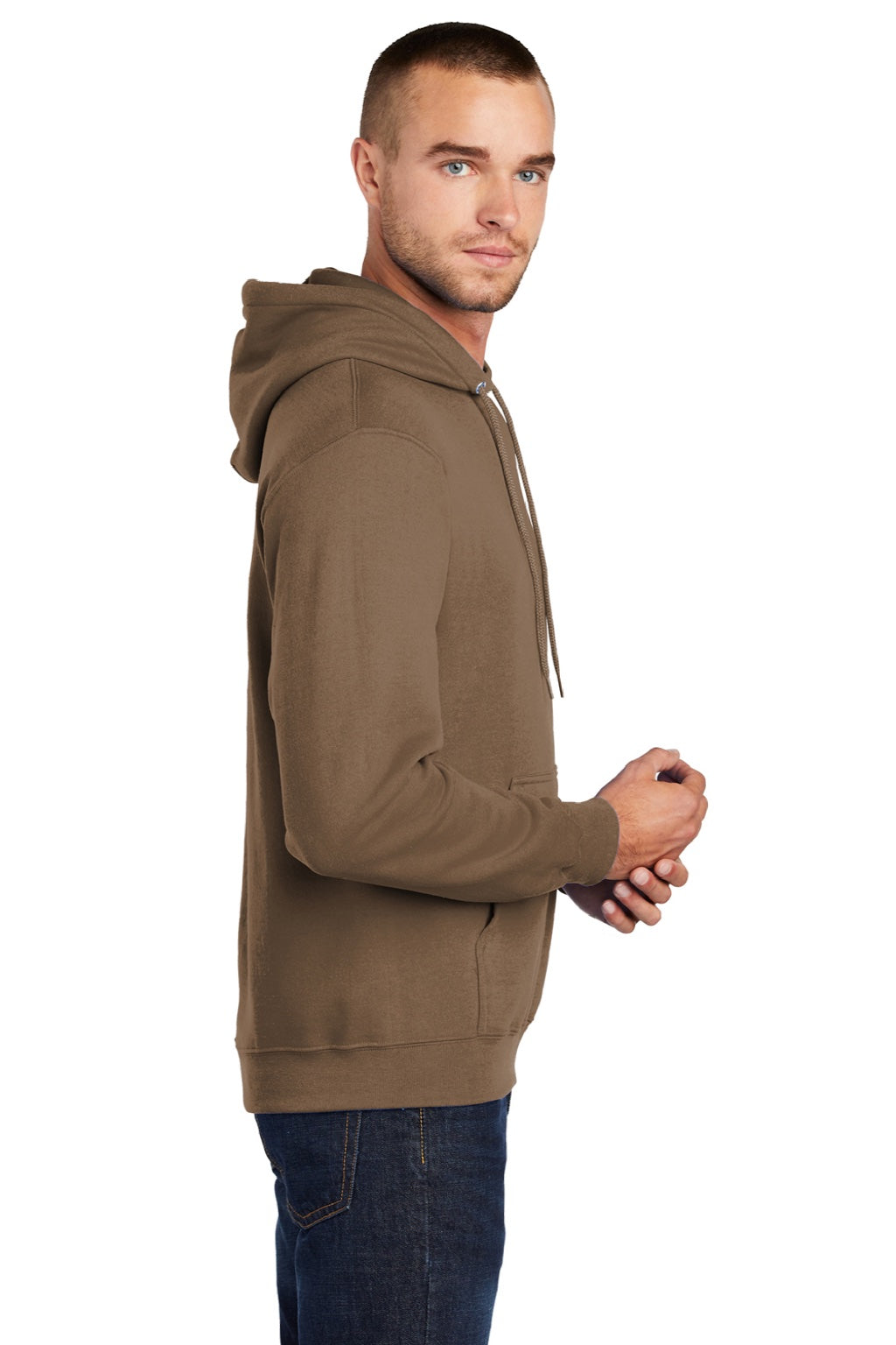 Port & Company PC78H/PC78HT Mens Core Pill Resistant Fleece Hooded Sweatshirt Hoodie w/ Pouch Pocket Woodland Brown Model Side