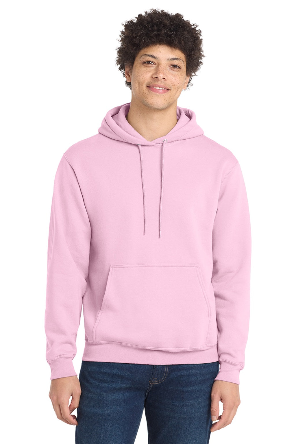 Port & Company PC78H/PC78HT Mens Core Pill Resistant Fleece Hooded Sweatshirt Hoodie w/ Pouch Pocket Cherry Blossom Pink Model Front