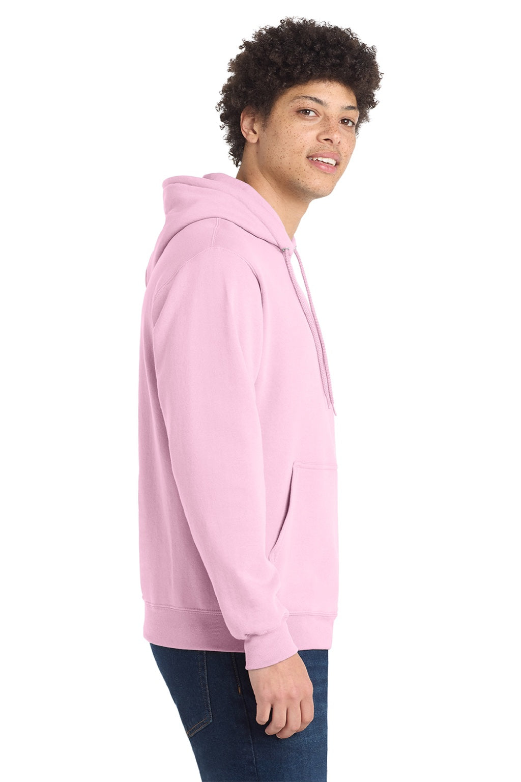 Port & Company PC78H/PC78HT Mens Core Pill Resistant Fleece Hooded Sweatshirt Hoodie w/ Pouch Pocket Cherry Blossom Pink Model Side