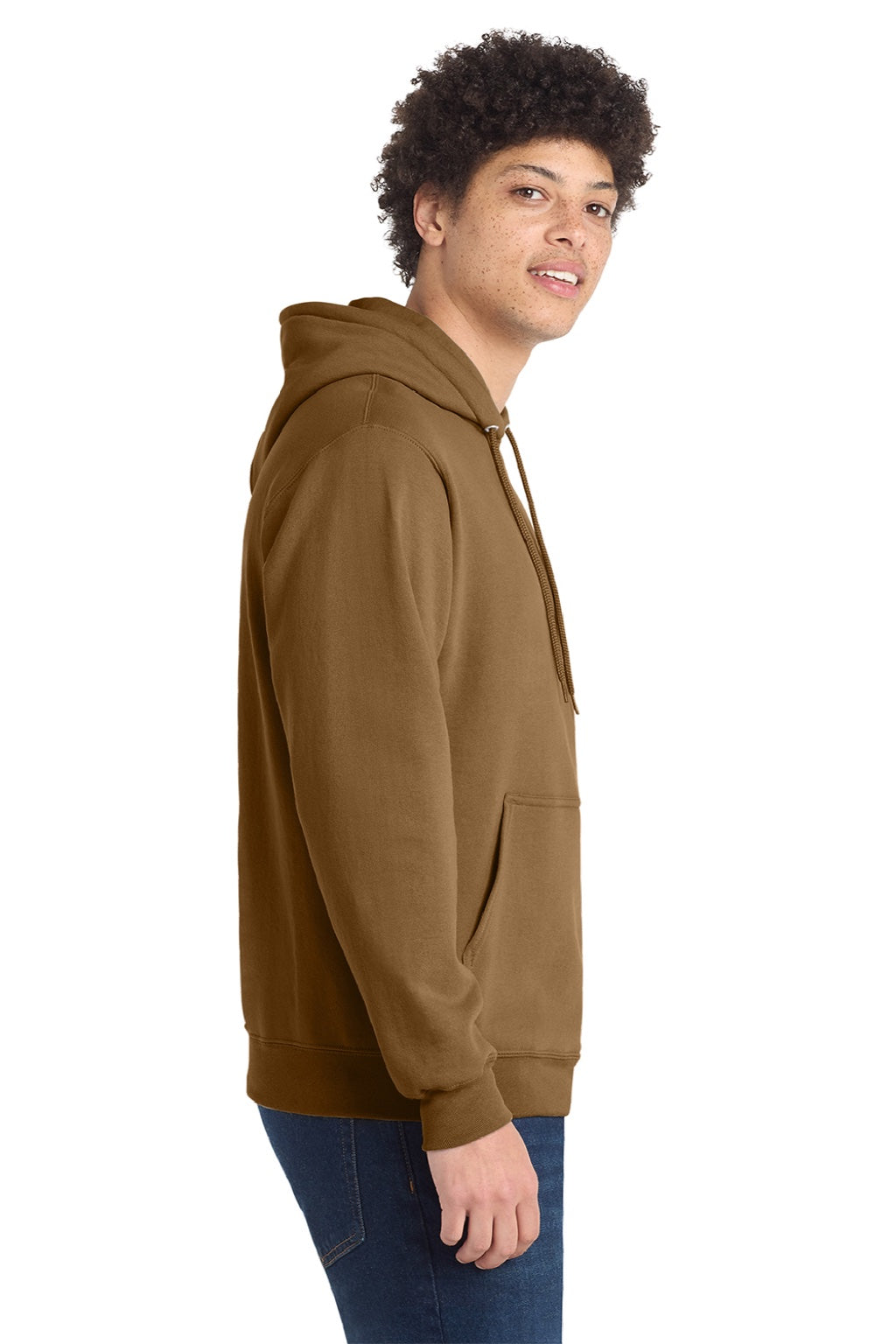 Port & Company PC78H/PC78HT Mens Core Pill Resistant Fleece Hooded Sweatshirt Hoodie w/ Pouch Pocket Duck Brown Model Side
