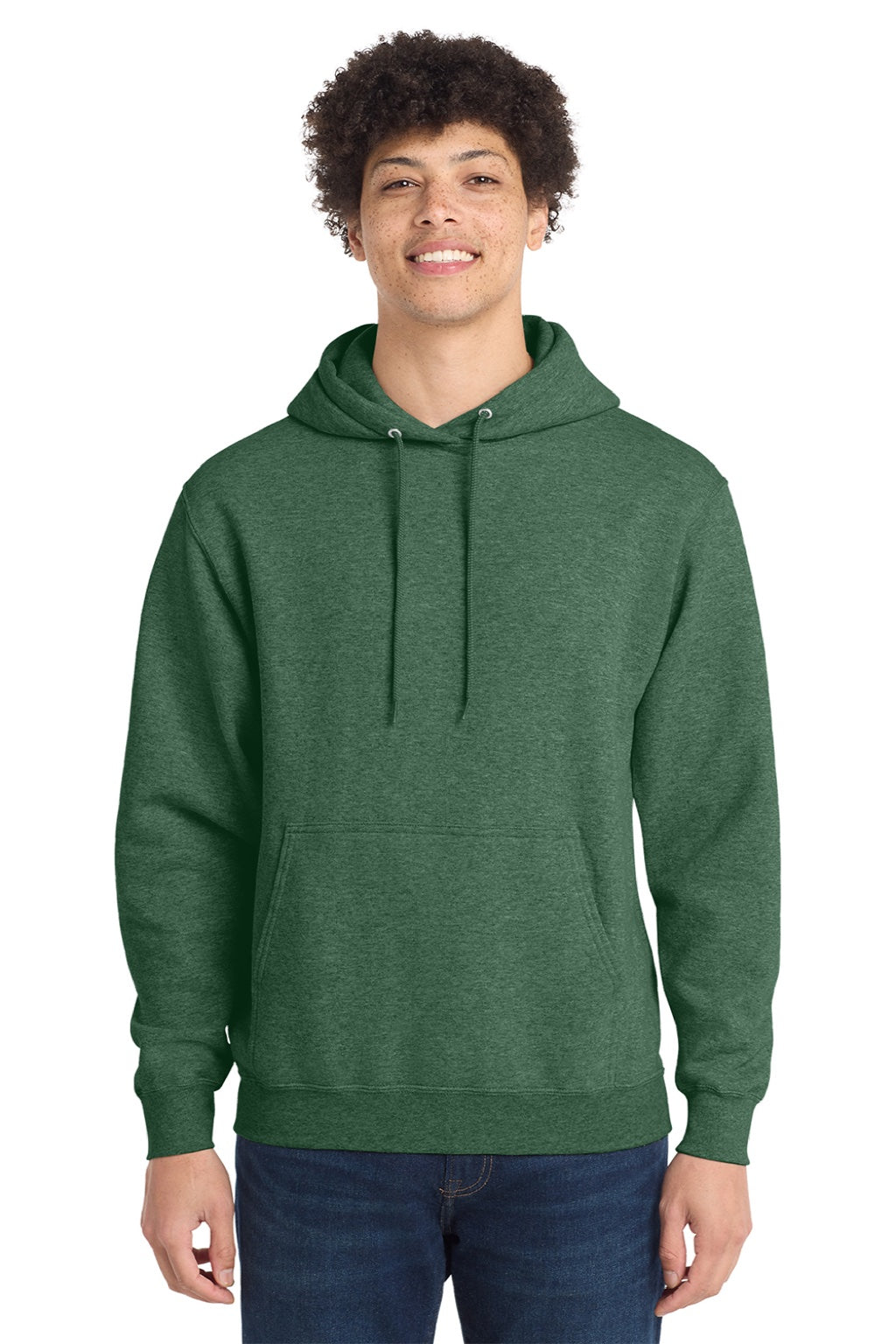 Port & Company PC78H/PC78HT Mens Core Pill Resistant Fleece Hooded Sweatshirt Hoodie w/ Pouch Pocket Heather Forest Green Model Front