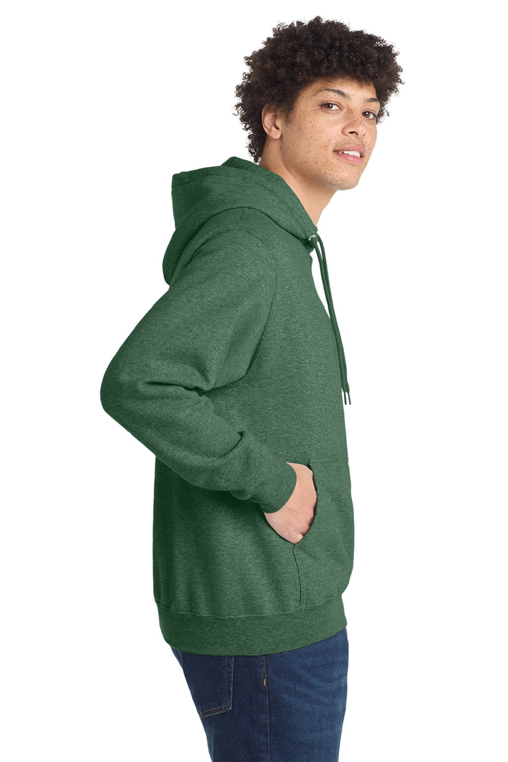 Port & Company PC78H/PC78HT Mens Core Pill Resistant Fleece Hooded Sweatshirt Hoodie w/ Pouch Pocket Heather Forest Green Model Side