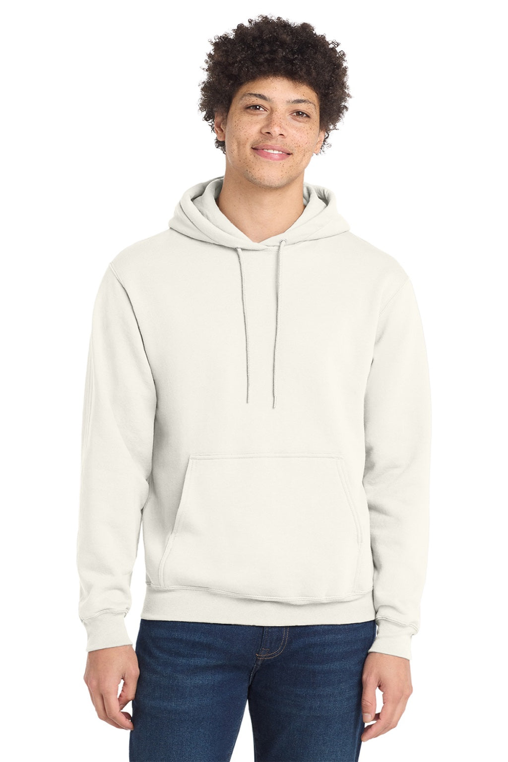 Port & Company PC78H/PC78HT Mens Core Pill Resistant Fleece Hooded Sweatshirt Hoodie w/ Pouch Pocket Ivory Model Front
