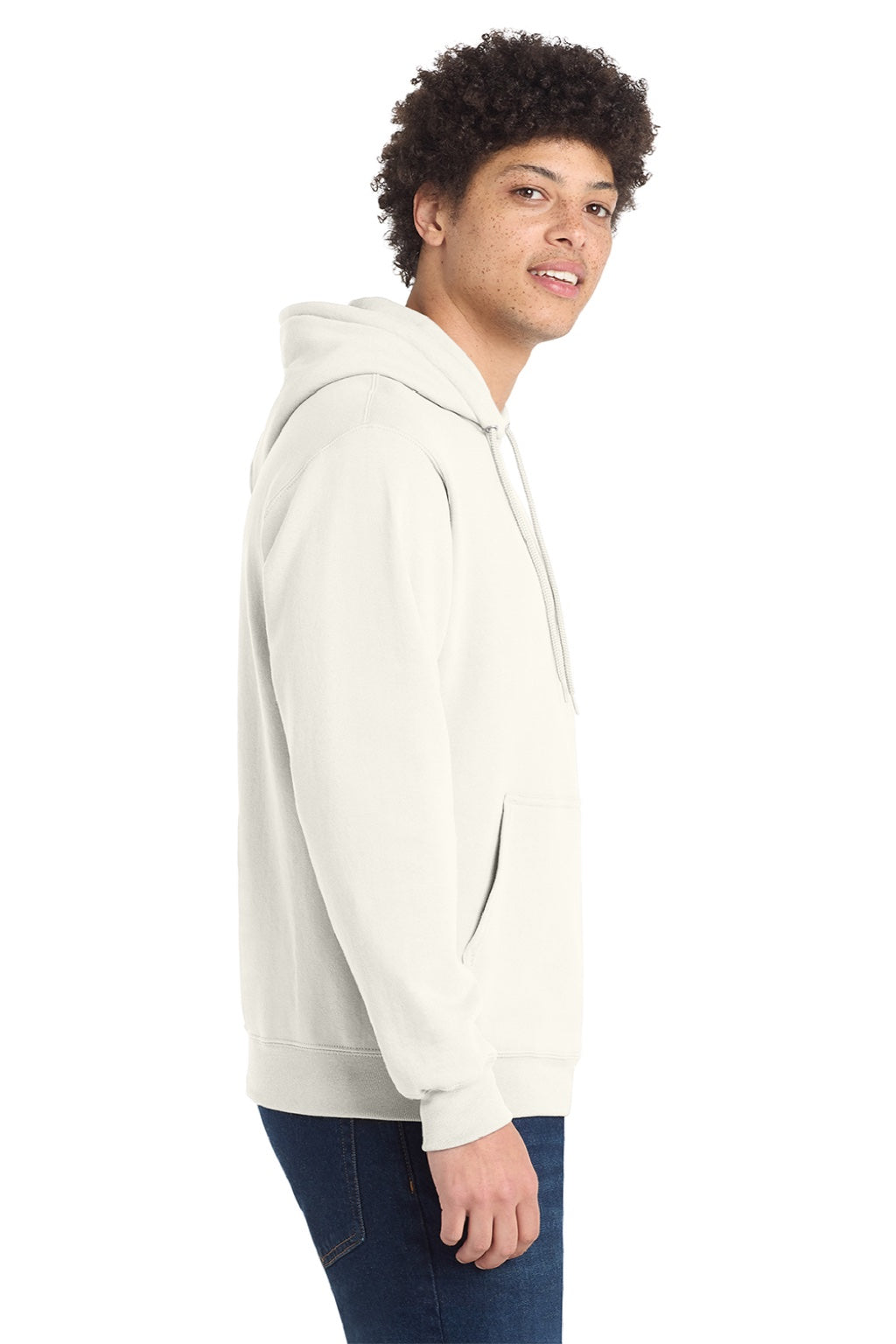 Port & Company PC78H/PC78HT Mens Core Pill Resistant Fleece Hooded Sweatshirt Hoodie w/ Pouch Pocket Ivory Model Side