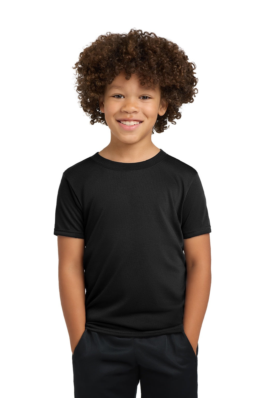 Gildan 42000B Youth Performance Jersey Moisture Wicking Short Sleeve Crewneck T-Shirt Black Model Front