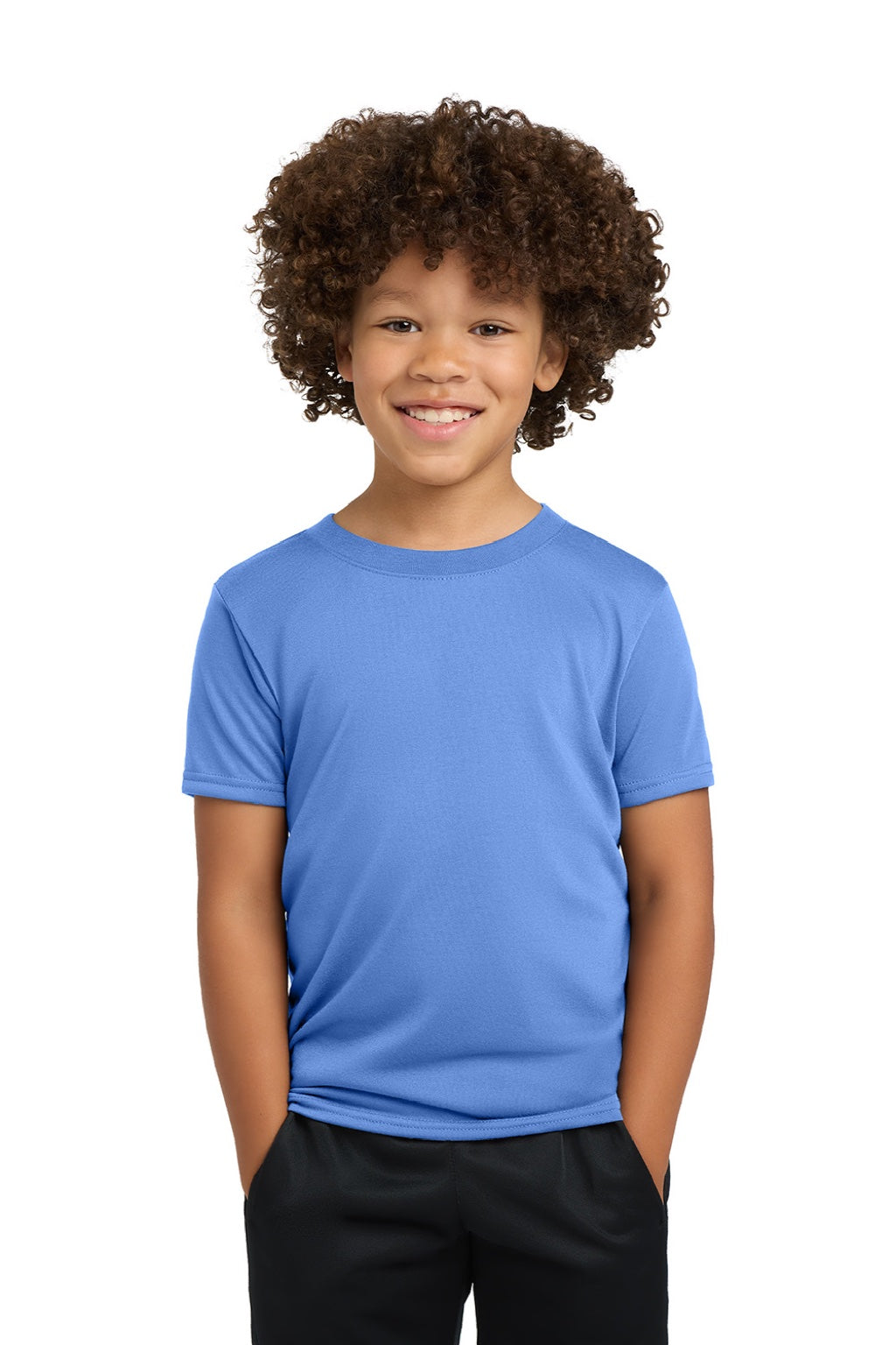 Gildan 42000B Youth Performance Jersey Moisture Wicking Short Sleeve Crewneck T-Shirt Carolina Blue Model Front