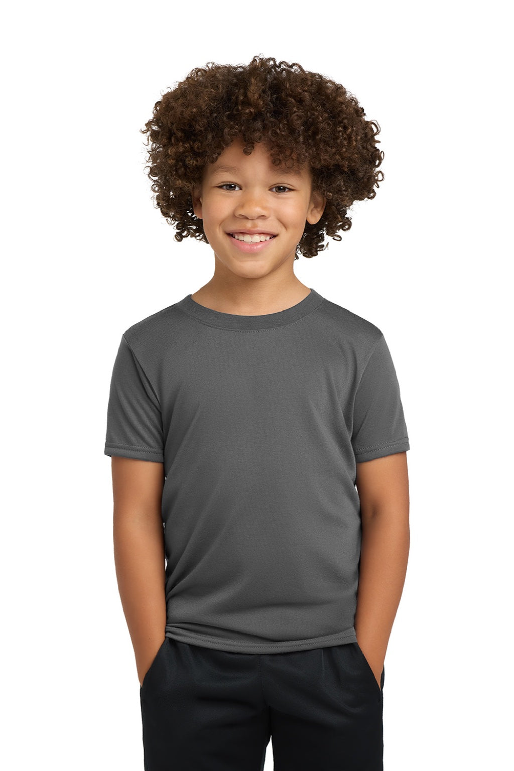 Gildan 42000B Youth Performance Jersey Moisture Wicking Short Sleeve Crewneck T-Shirt Charcoal Grey Model Front