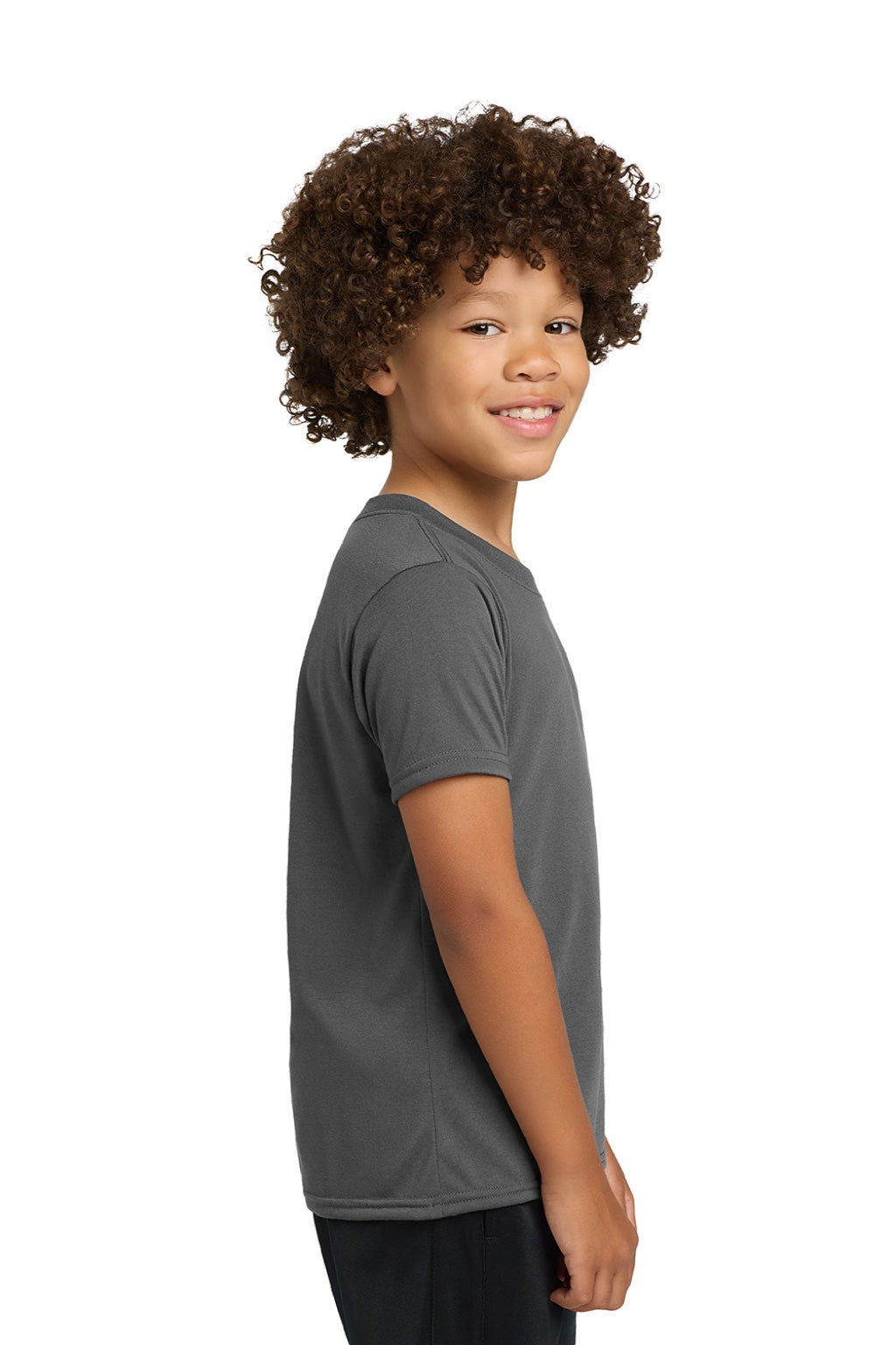 Gildan 42000B Youth Performance Jersey Moisture Wicking Short Sleeve Crewneck T-Shirt Charcoal Grey Model Side