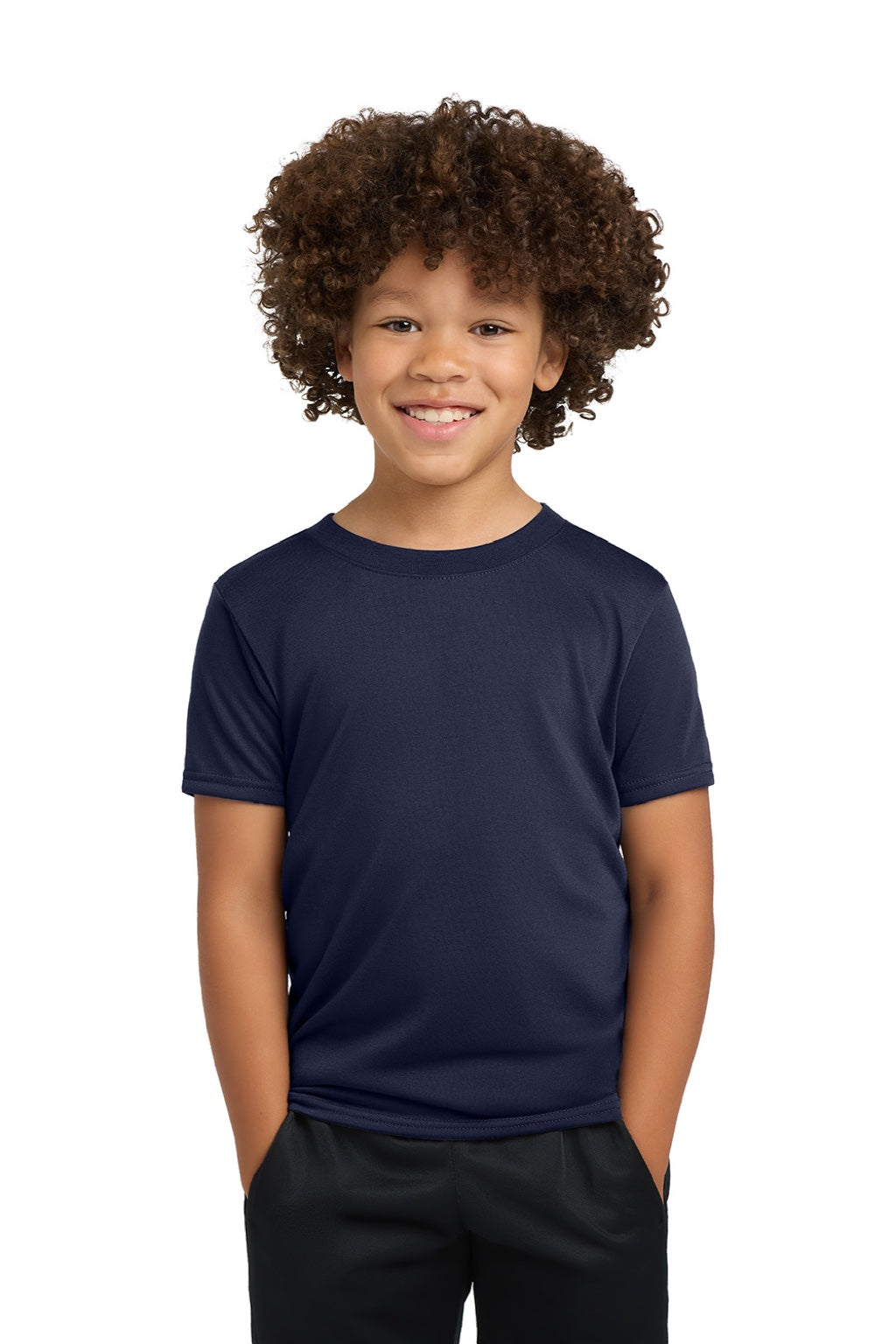 Gildan 42000B Youth Performance Jersey Moisture Wicking Short Sleeve Crewneck T-Shirt Navy Blue Model Front