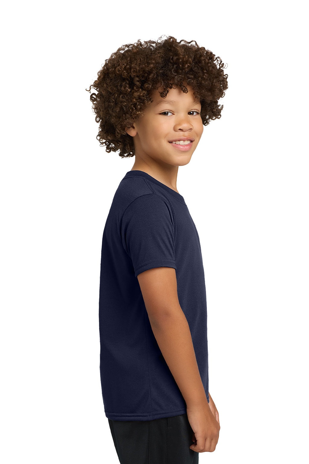 Gildan 42000B Youth Performance Jersey Moisture Wicking Short Sleeve Crewneck T-Shirt Navy Blue Model Side
