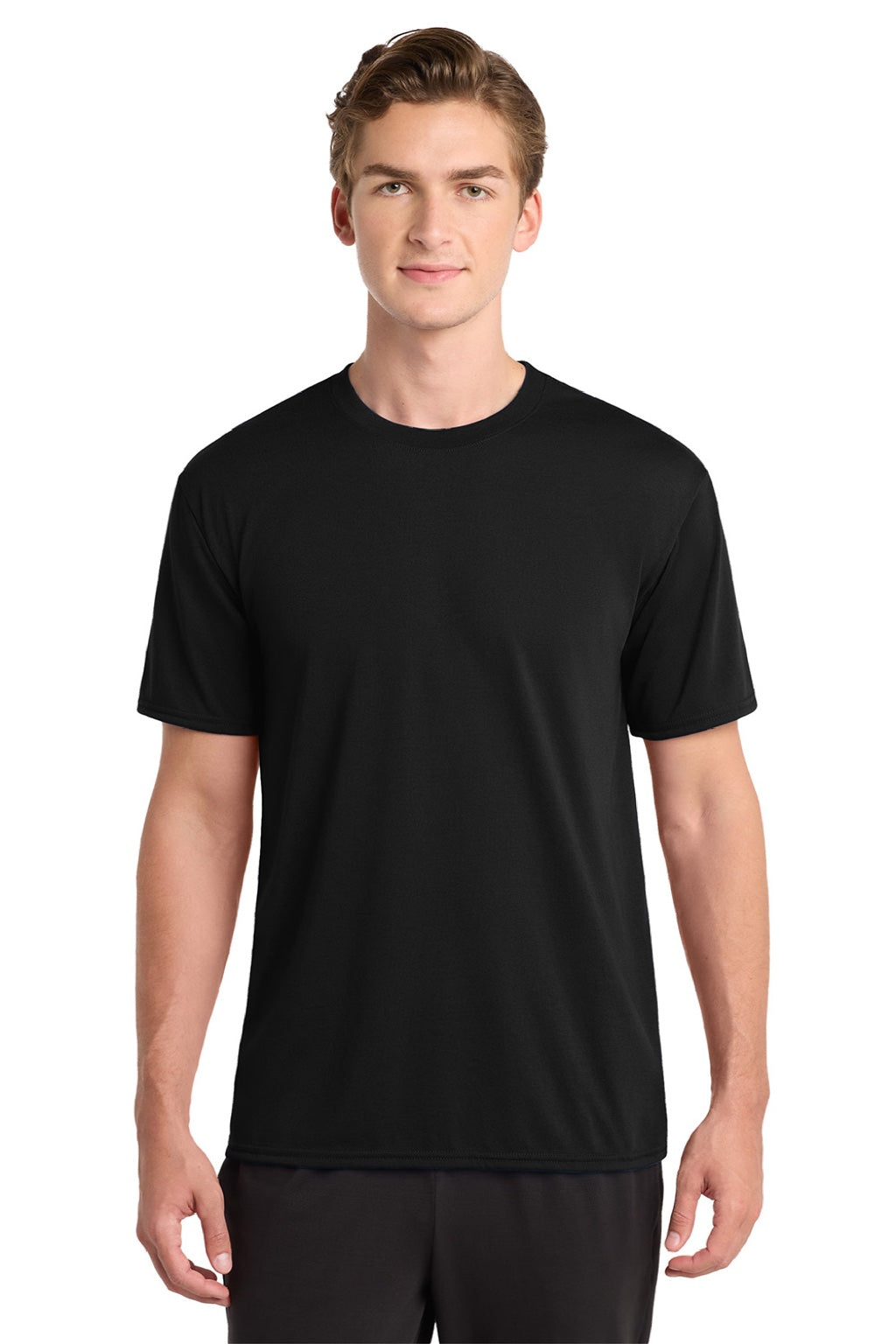 Gildan 42000 Mens Performance Jersey Moisture Wicking Short Sleeve Crewneck T-Shirt Black Model Front