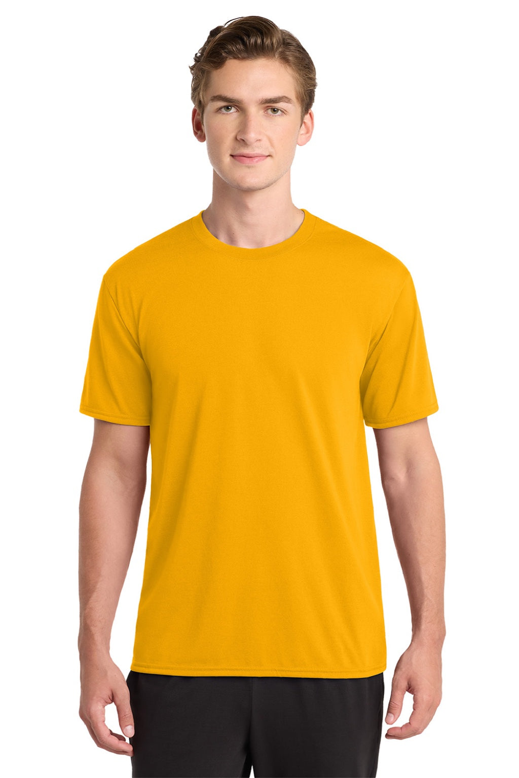 Gildan 42000 Mens Performance Jersey Moisture Wicking Short Sleeve Crewneck T-Shirt Gold Model Front