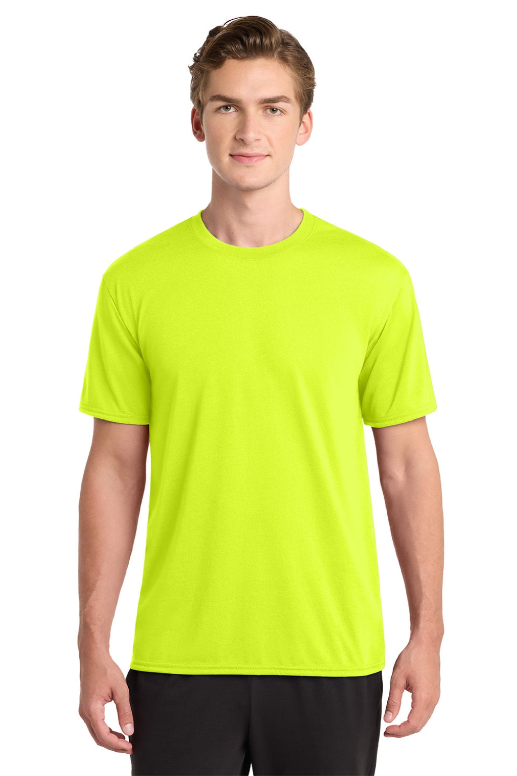 Gildan 42000 Mens Performance Jersey Moisture Wicking Short Sleeve Crewneck T-Shirt Safety Green Model Front