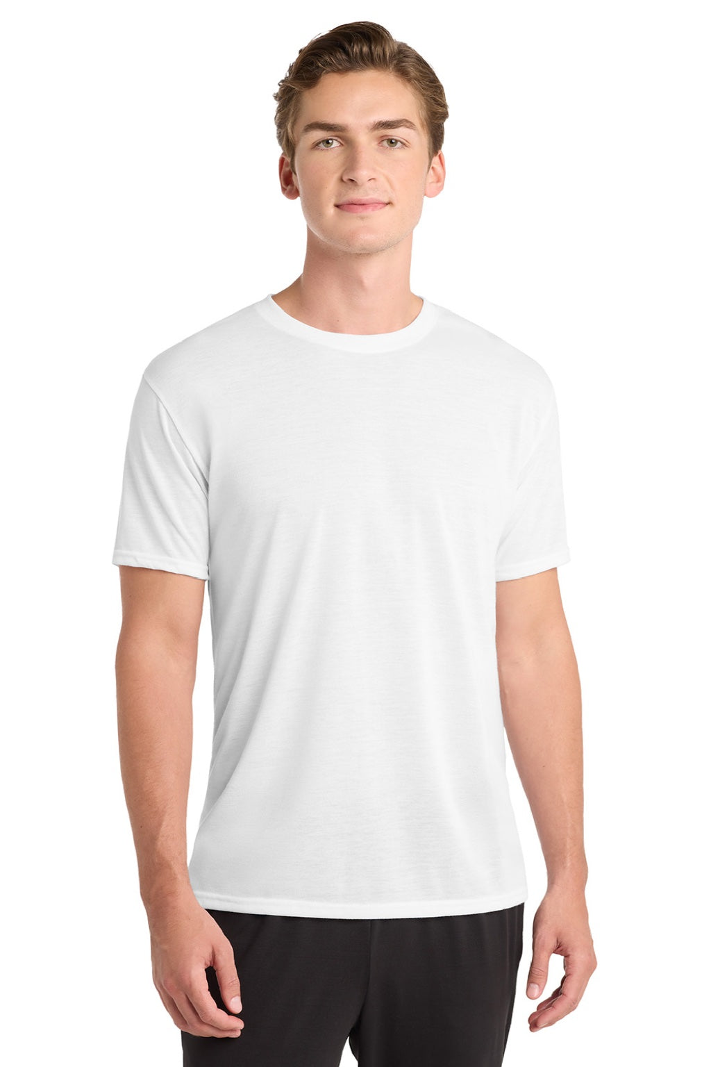 Gildan 42000 Mens Performance Jersey Moisture Wicking Short Sleeve Crewneck T-Shirt White Model Front