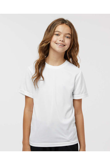 Augusta Sportswear 791 Youth Nexgen Moisture Wicking Short Sleeve Crewneck T-Shirt White Model Front