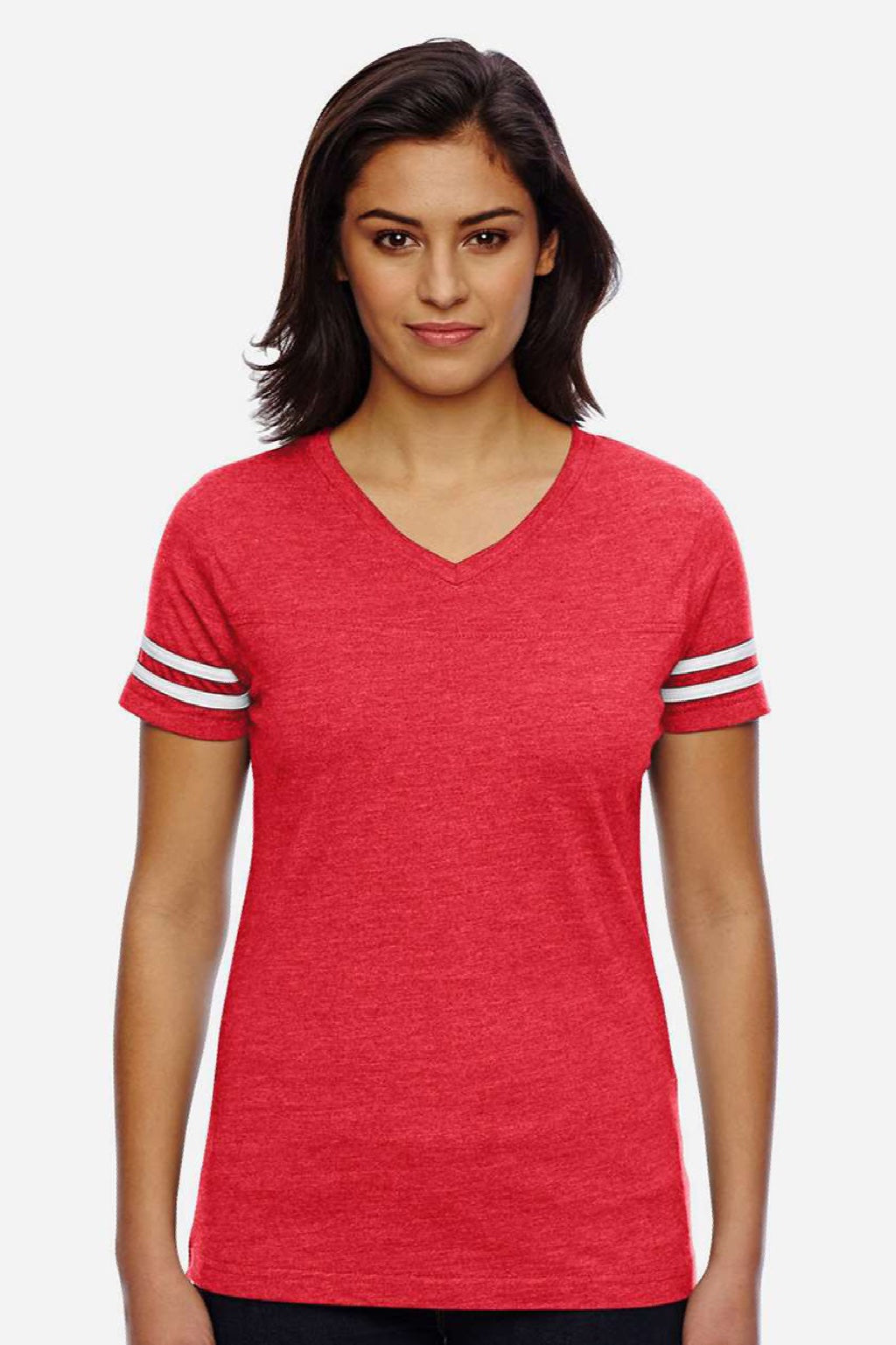 LAT 3537 Womens Fine Jersey Short Sleeve V-Neck T-Shirt Vintage Red/White Model Front