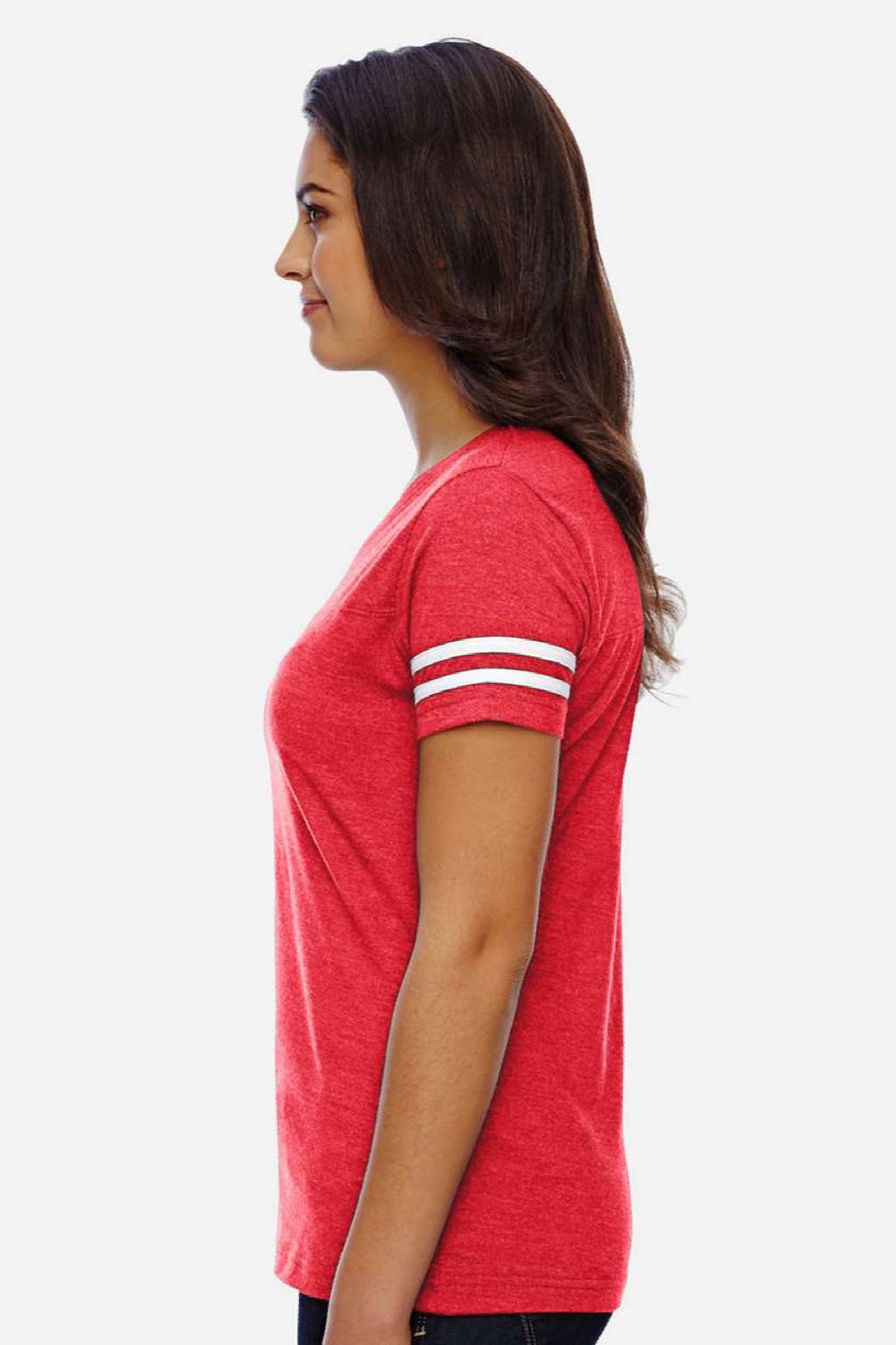 LAT 3537 Womens Fine Jersey Short Sleeve V-Neck T-Shirt Vintage Red/White Model Side
