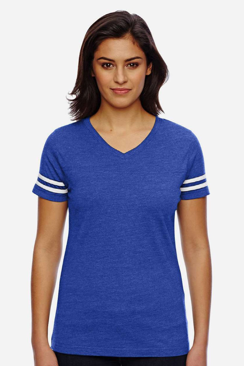 LAT 3537 Womens Fine Jersey Short Sleeve V-Neck T-Shirt Vintage Royal Blue/White Model Front