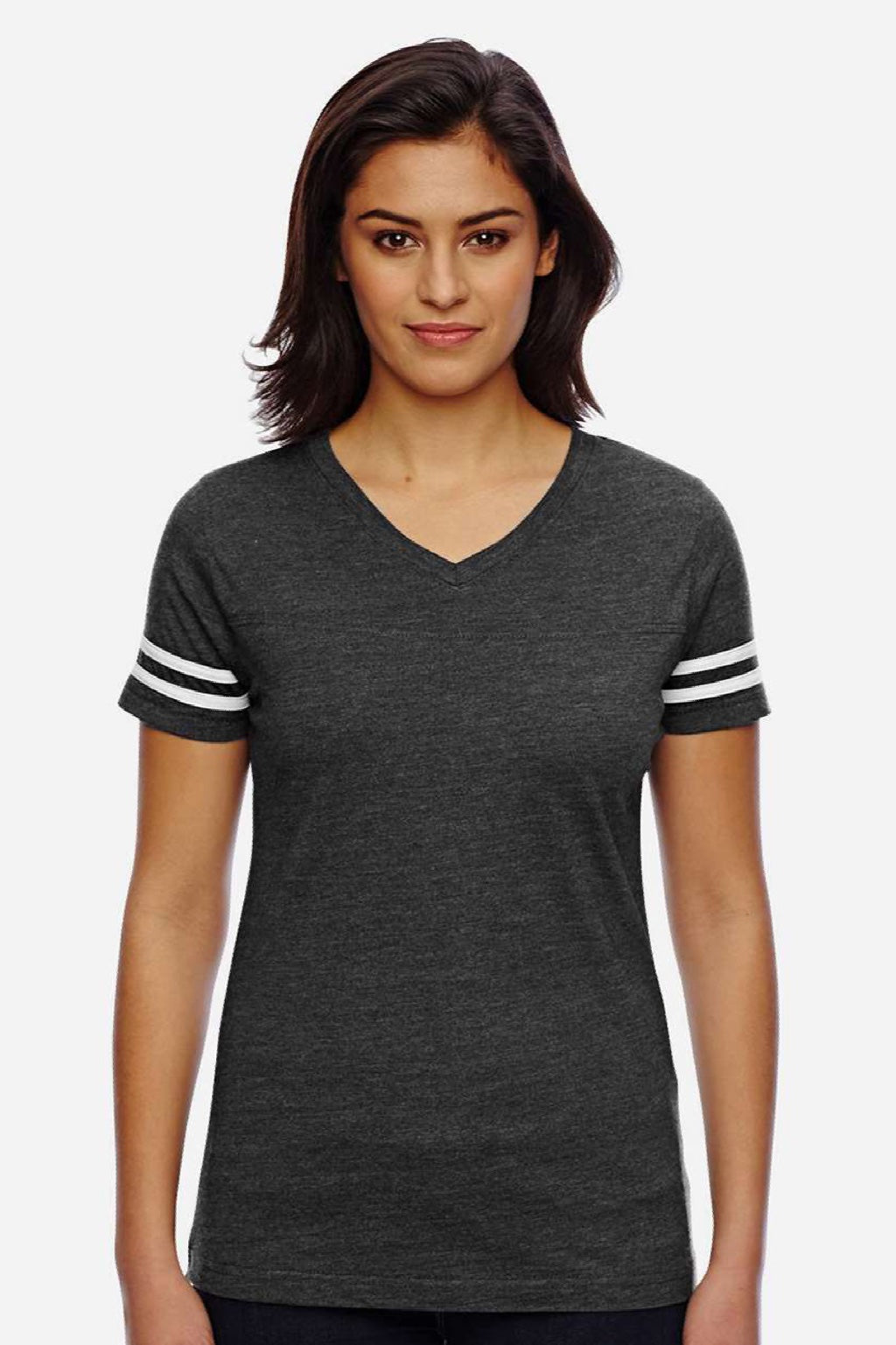 LAT 3537 Womens Fine Jersey Short Sleeve V-Neck T-Shirt Vintage Smoke Grey/White Model Front