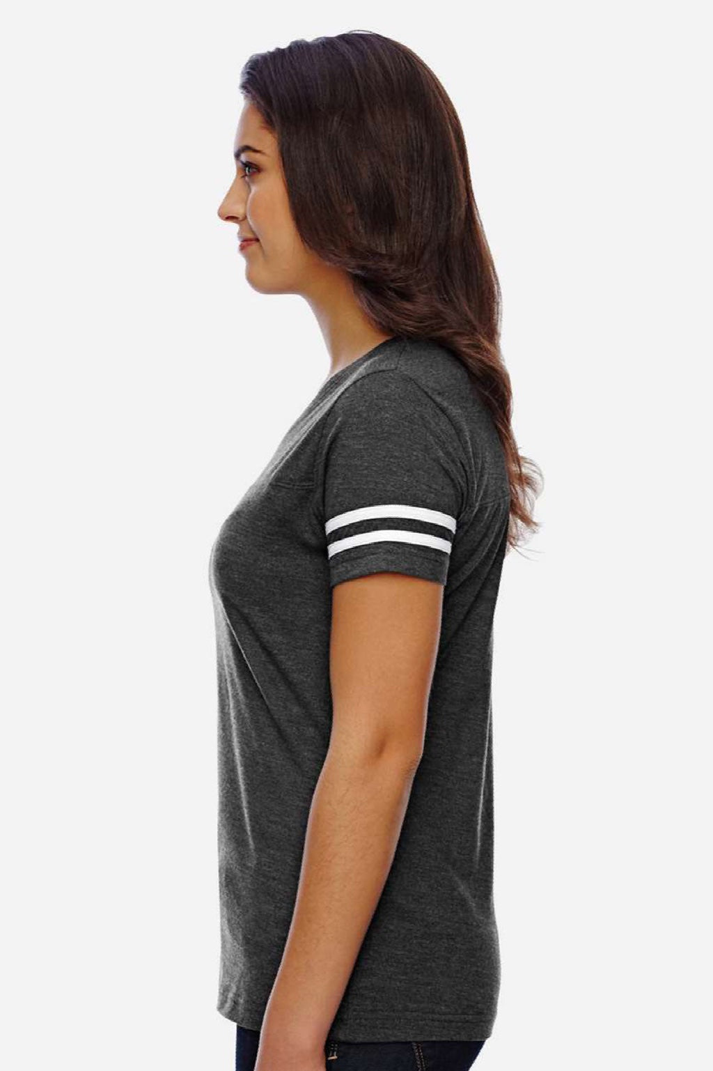 LAT 3537 Womens Fine Jersey Short Sleeve V-Neck T-Shirt Vintage Smoke Grey/White Model Side