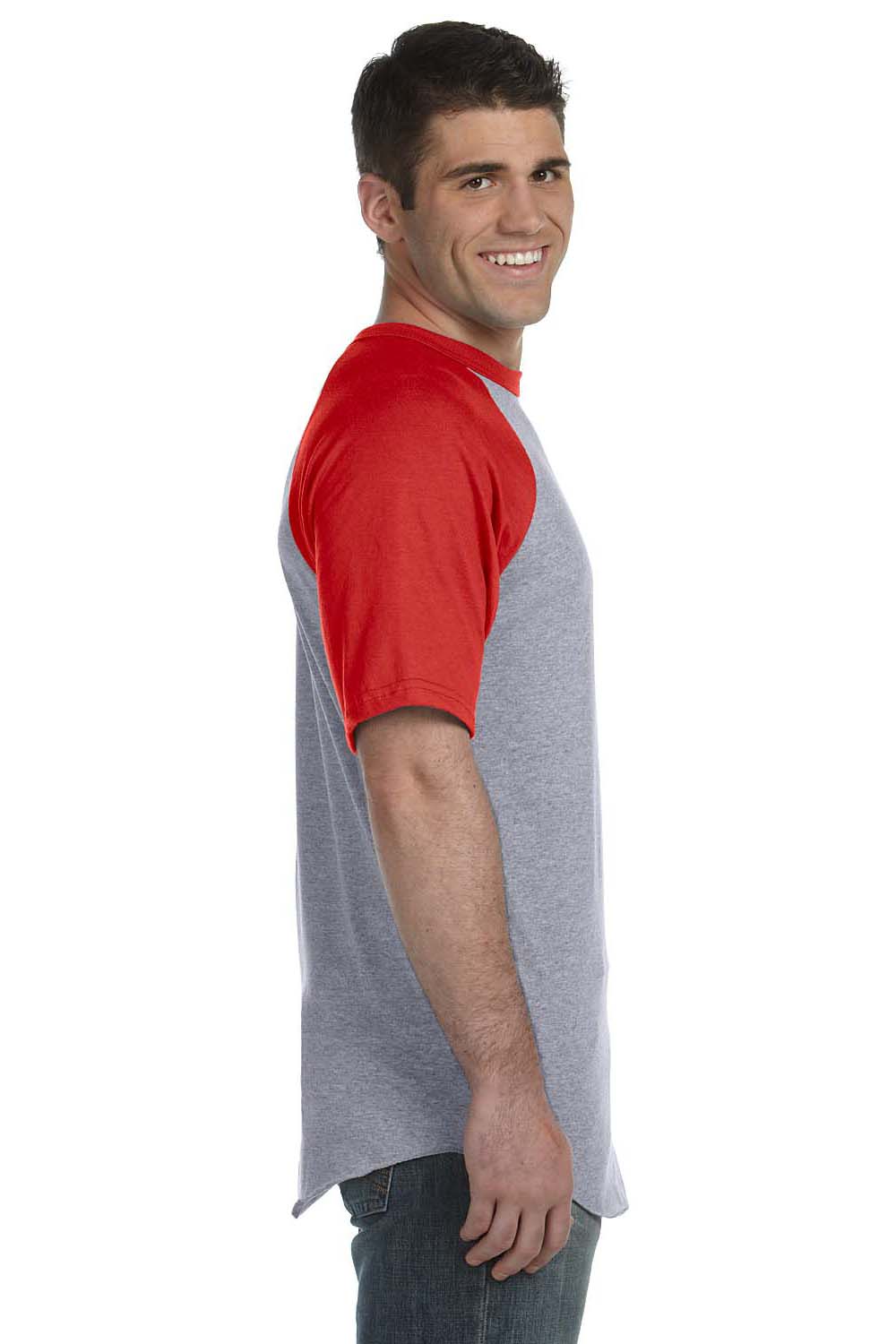 Augusta Sportswear 423 Mens Short Sleeve Crewneck T-Shirt Heather Grey/Red Model Side