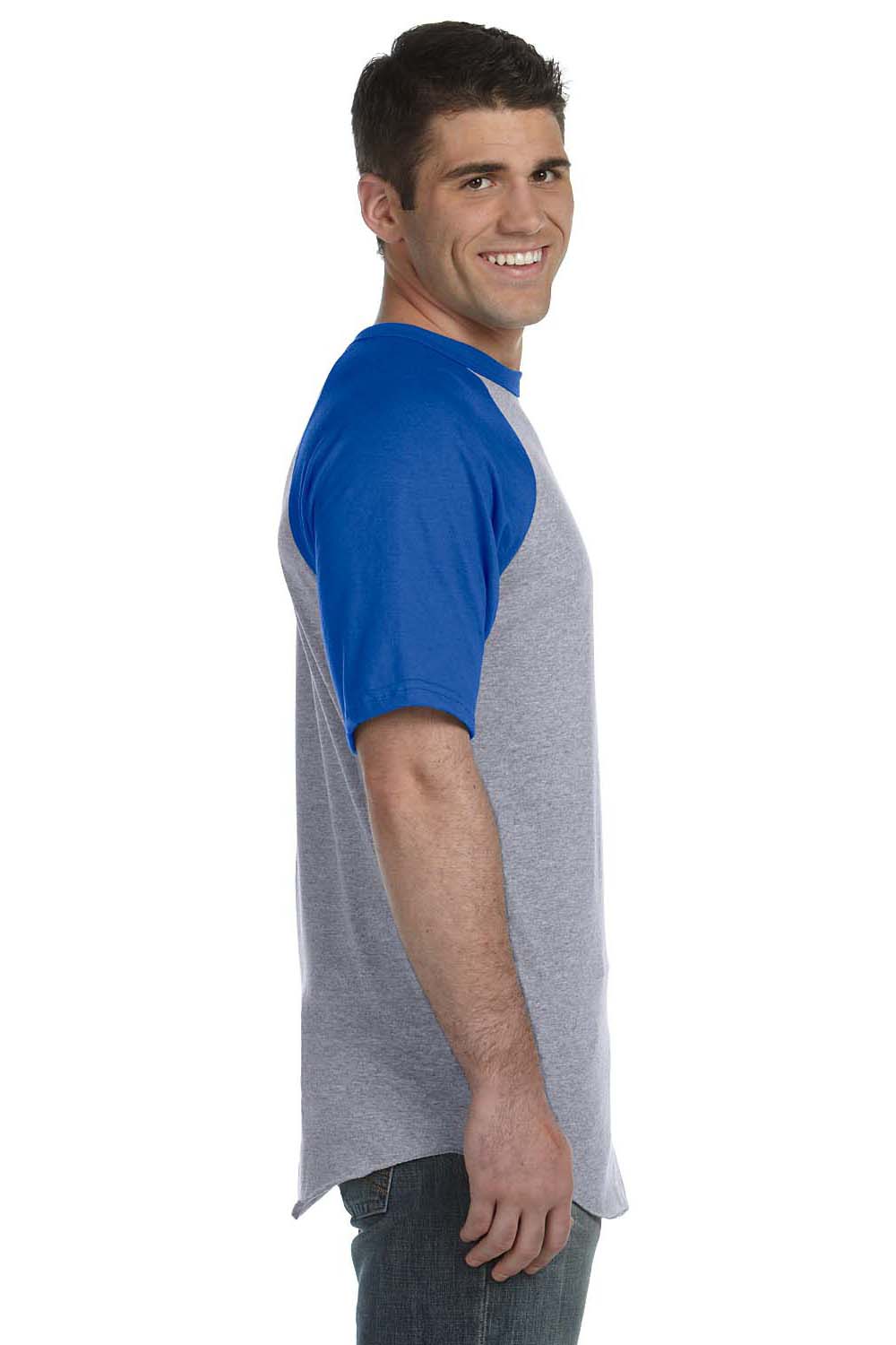 Augusta Sportswear 423 Mens Short Sleeve Crewneck T-Shirt Heather Grey/Royal Blue Model Side