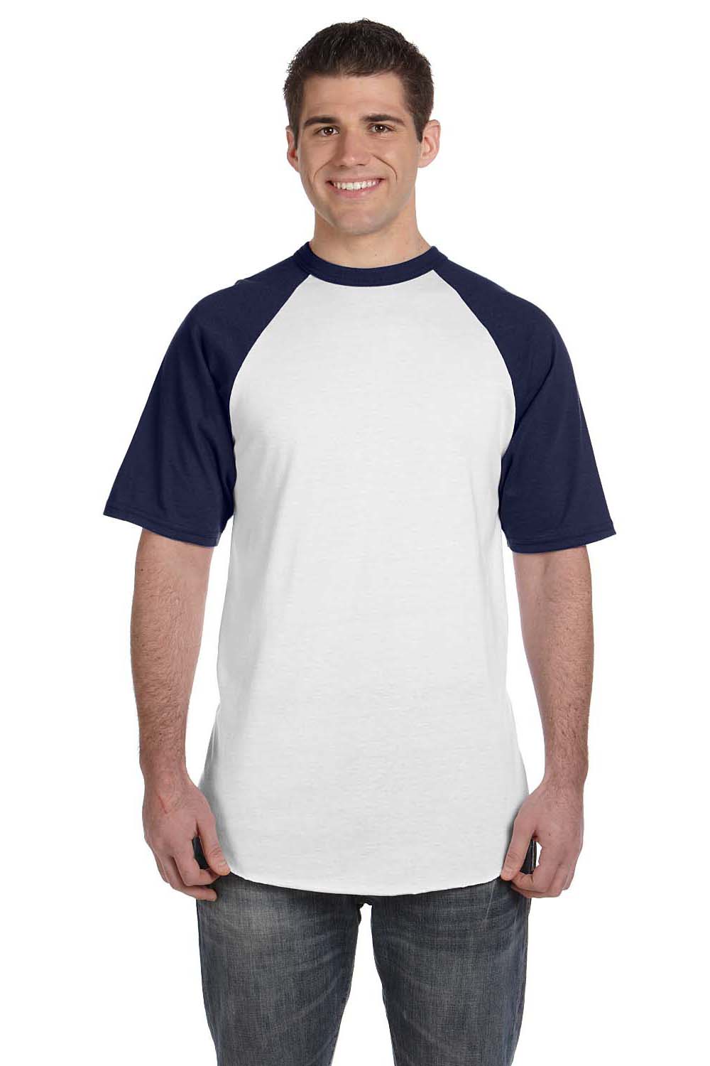 Augusta Sportswear 423 Mens Short Sleeve Crewneck T-Shirt White/Navy Blue Model Front