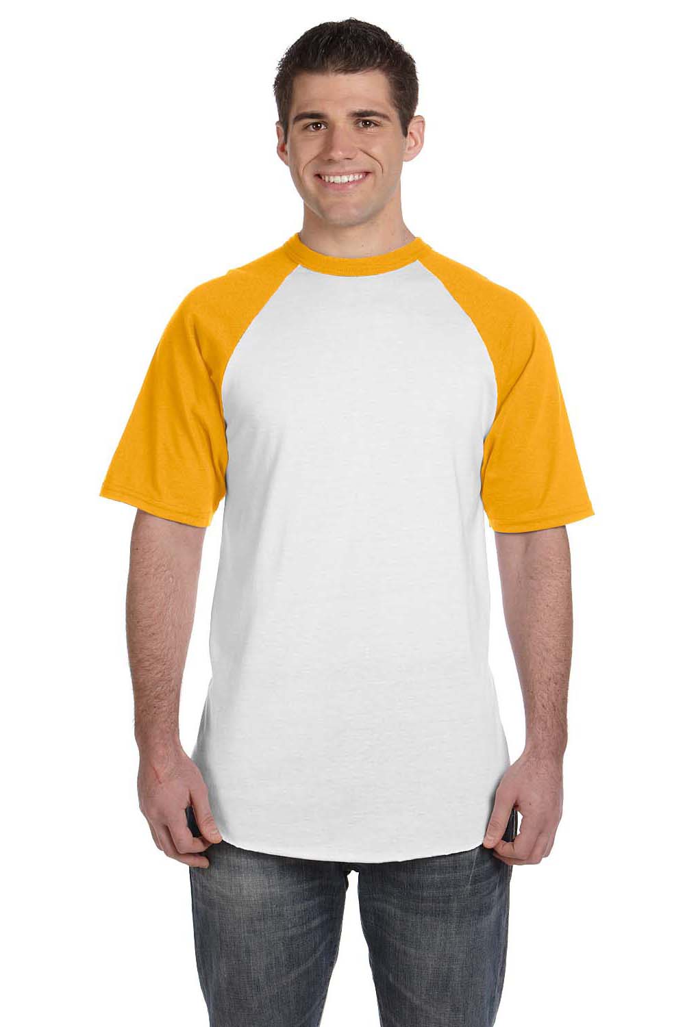 Augusta Sportswear 423 Mens Short Sleeve Crewneck T-Shirt White/Gold Model Front