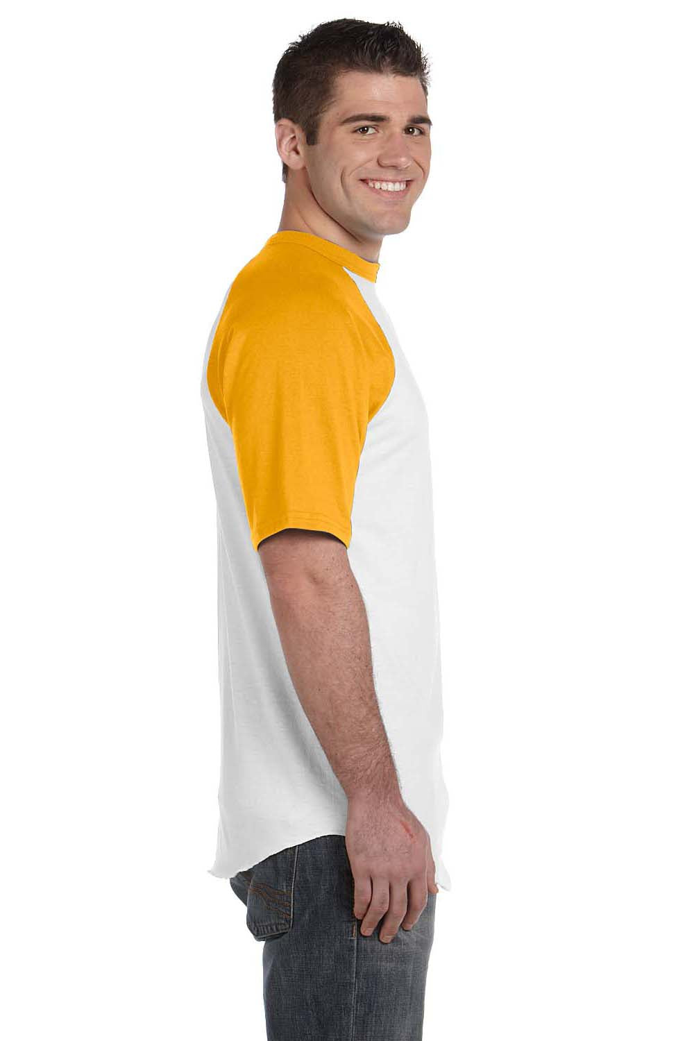 Augusta Sportswear 423 Mens Short Sleeve Crewneck T-Shirt White/Gold Model Side