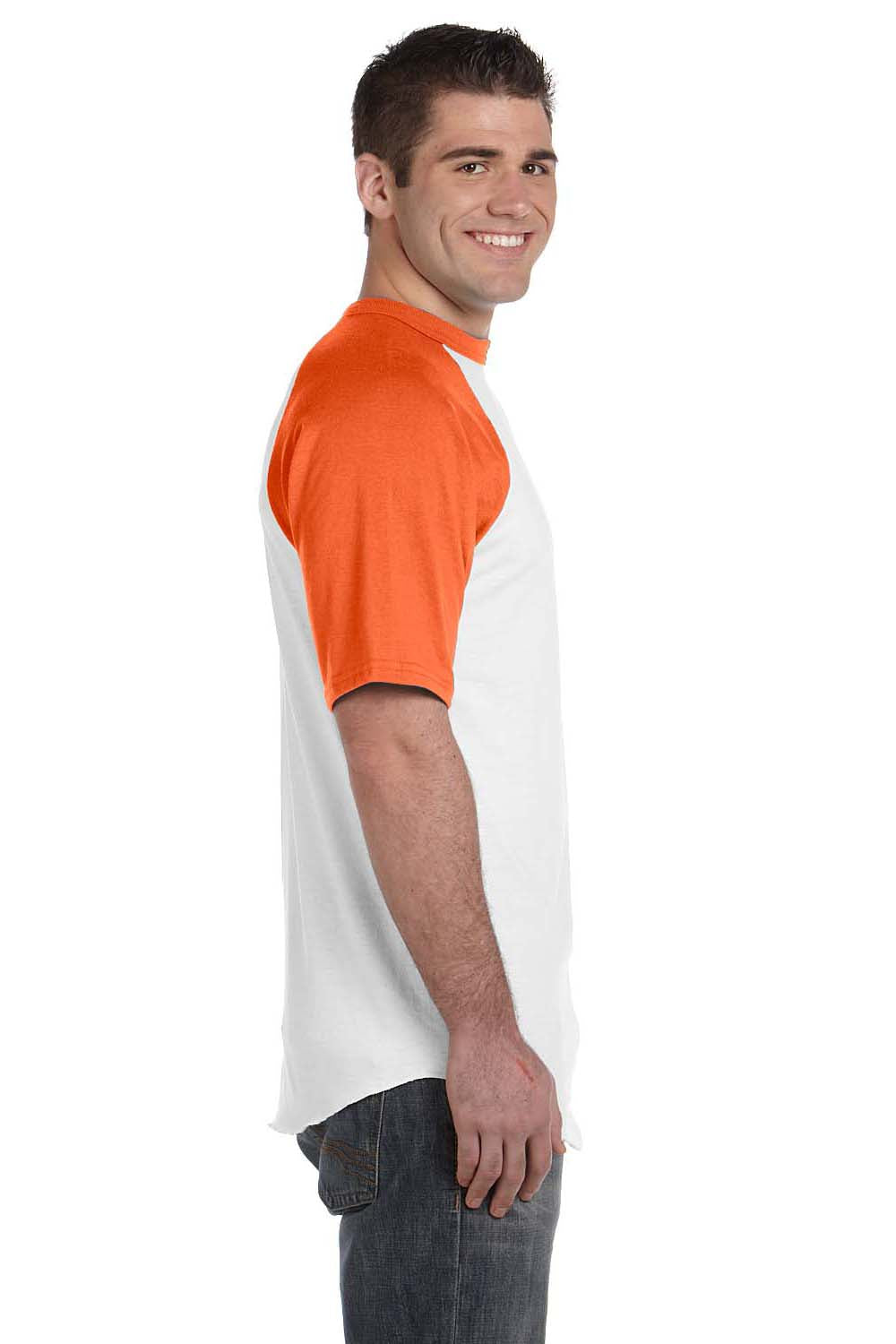Augusta Sportswear 423 Mens Short Sleeve Crewneck T-Shirt White/Orange Model Side