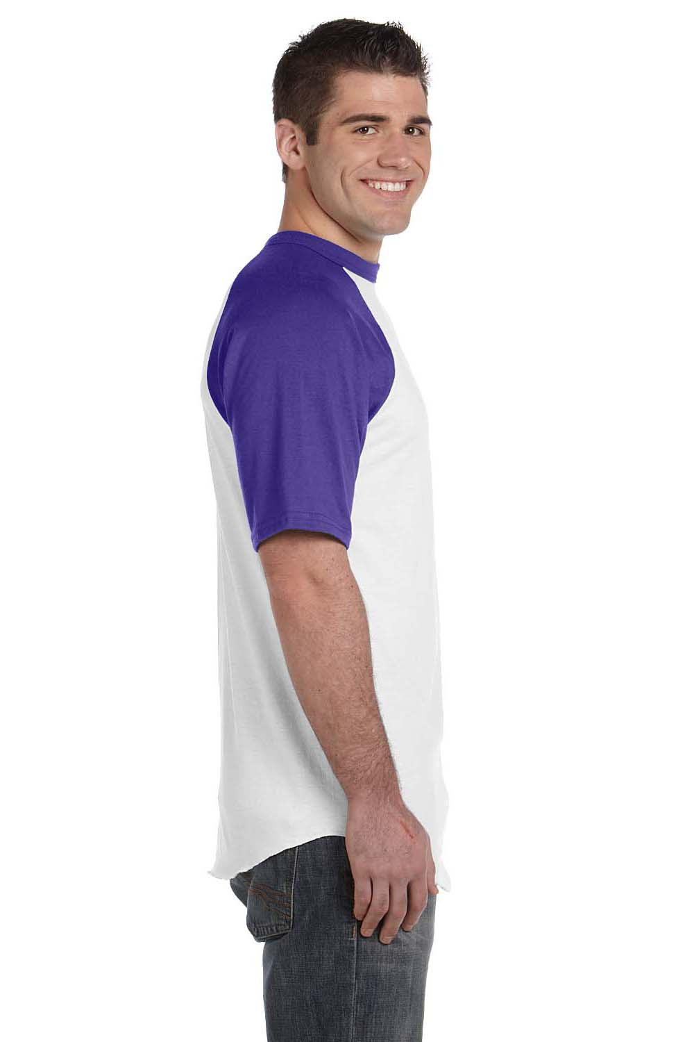 Augusta Sportswear 423 Mens Short Sleeve Crewneck T-Shirt White/Purple Model Side