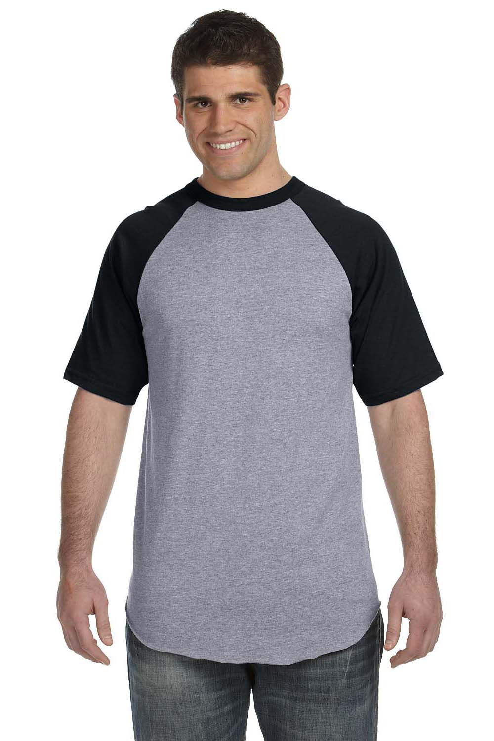 Augusta Sportswear 423 Mens Short Sleeve Crewneck T-Shirt Heather Grey/Black Model Front