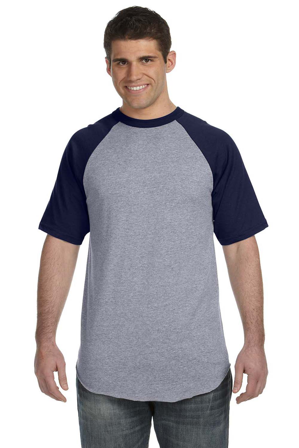 Augusta Sportswear 423 Mens Short Sleeve Crewneck T-Shirt Heather Grey/Navy Blue Model Front