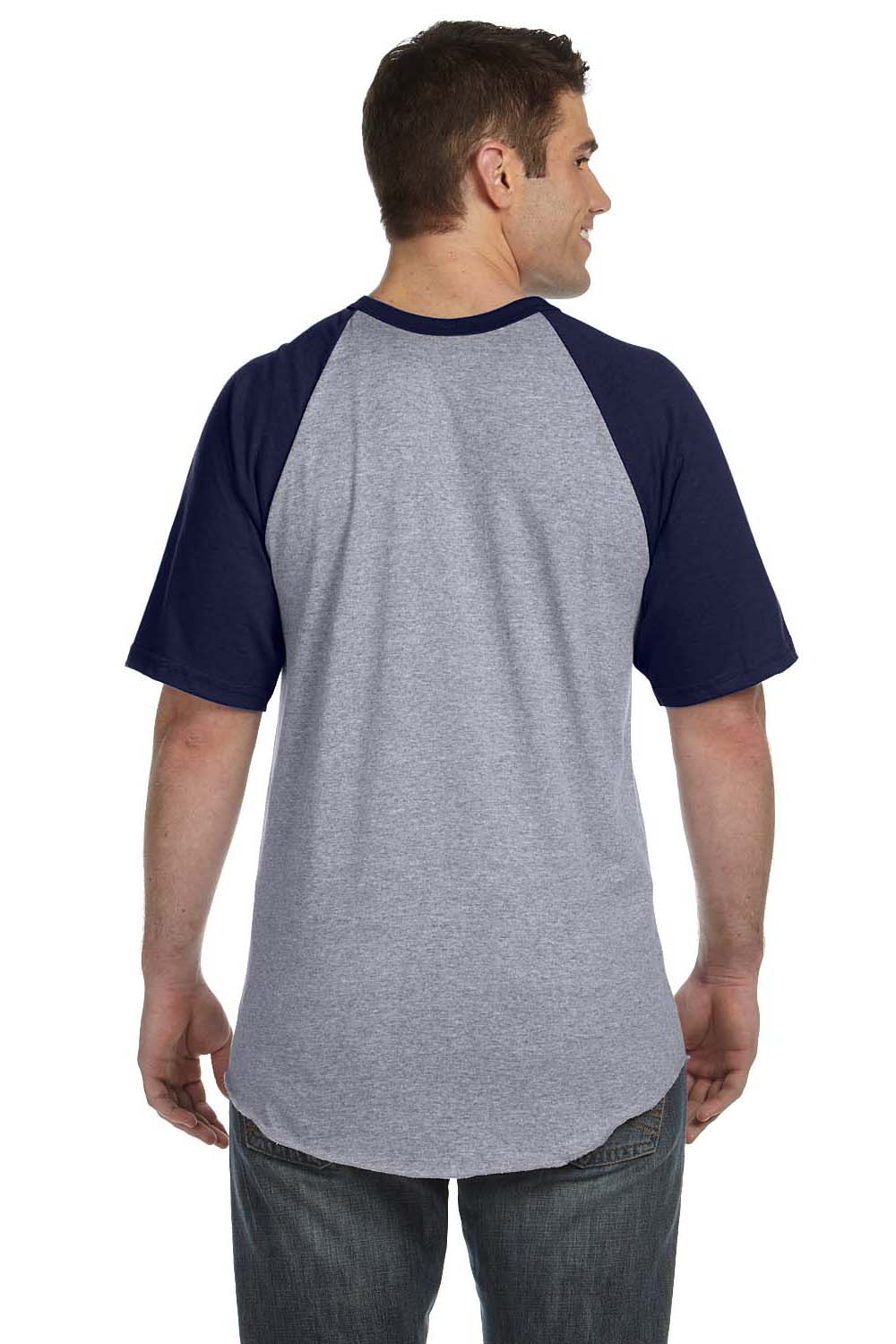 Augusta Sportswear 423 Mens Short Sleeve Crewneck T-Shirt Heather Grey/Navy Blue Model Back