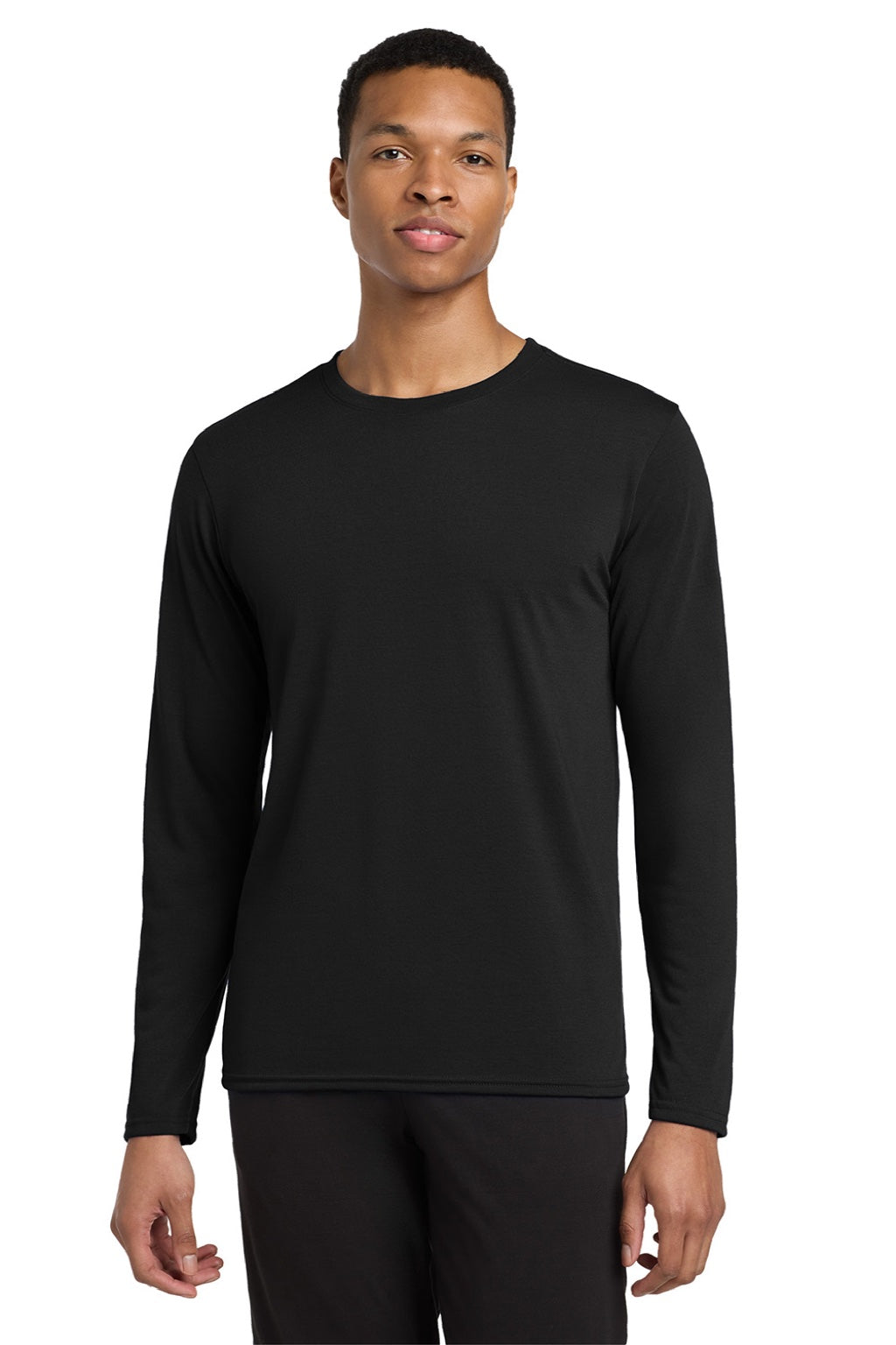 Gildan 42400 Mens Performance Jersey Moisture Wicking Long Sleeve Crewneck T-Shirt Black Model Front