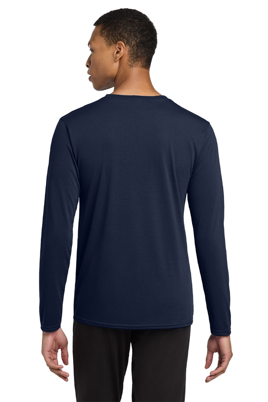 Gildan 42400 Mens Performance Jersey Moisture Wicking Long Sleeve Crewneck T-Shirt Navy Blue Model Back