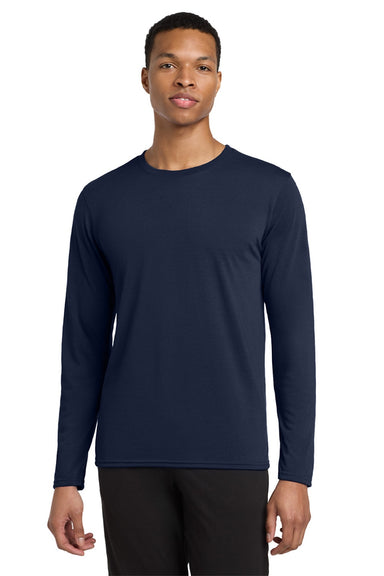 Gildan 42400 Mens Performance Jersey Moisture Wicking Long Sleeve Crewneck T-Shirt Navy Blue Model Front