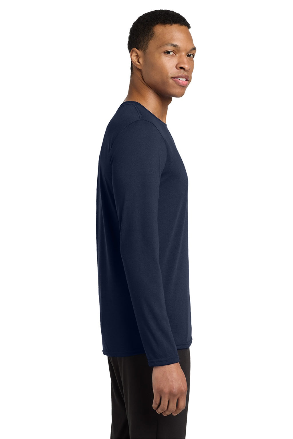 Gildan 42400 Mens Performance Jersey Moisture Wicking Long Sleeve Crewneck T-Shirt Navy Blue Model Side