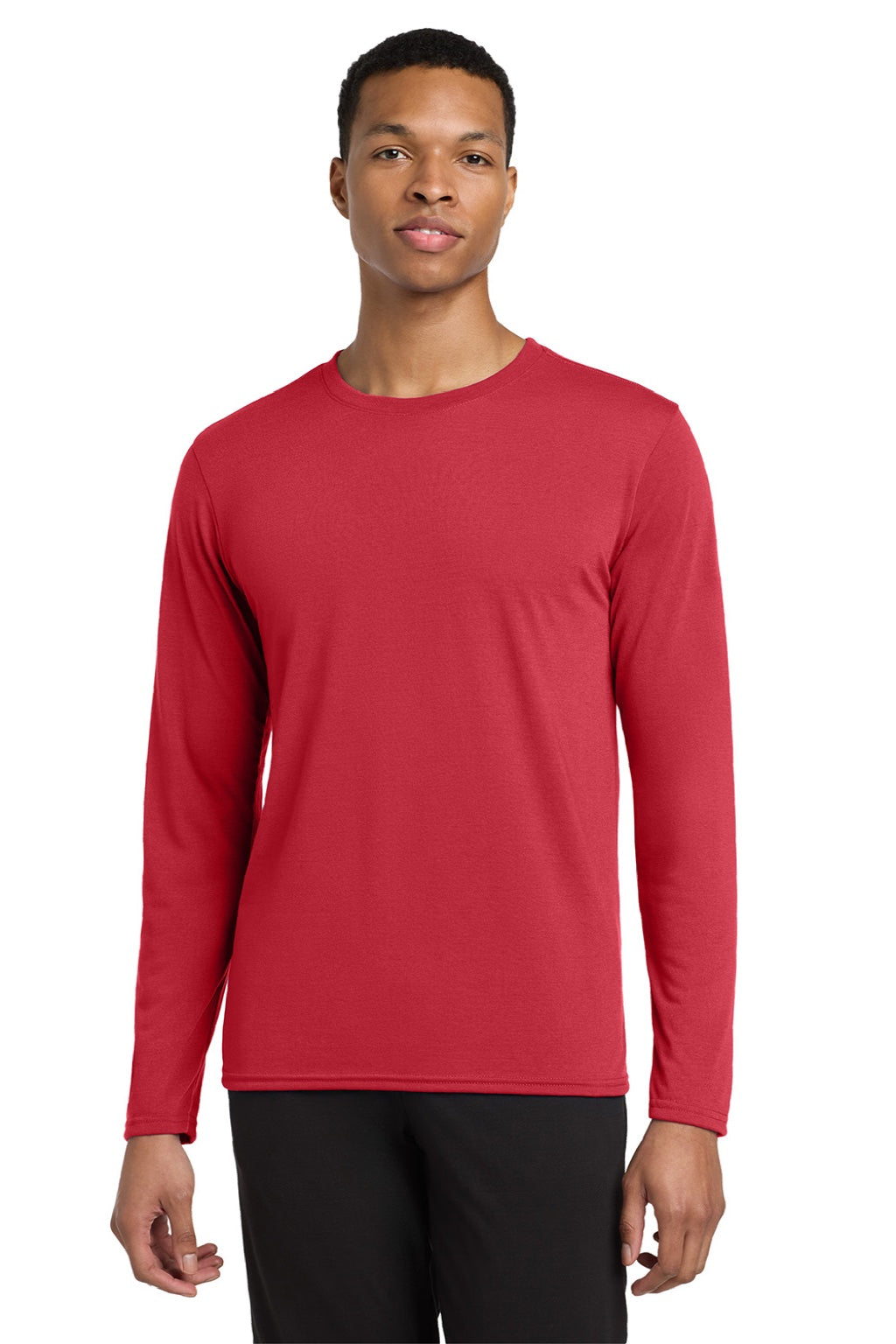 Gildan 42400 Mens Performance Jersey Moisture Wicking Long Sleeve Crewneck T-Shirt Red Model Front