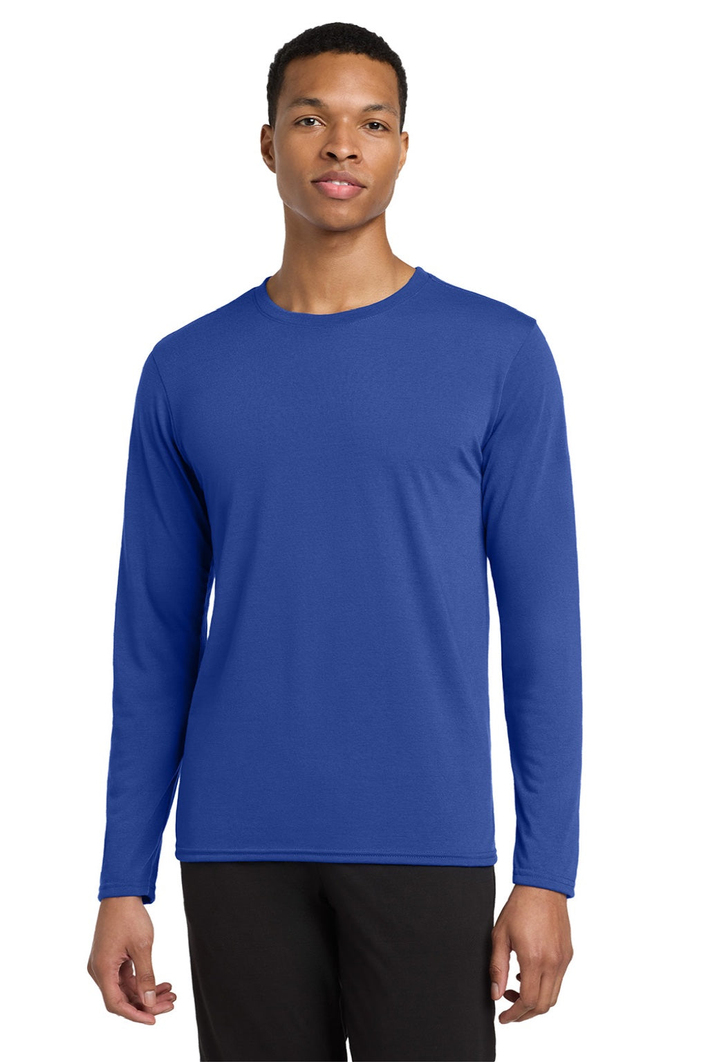 Gildan 42400 Mens Performance Jersey Moisture Wicking Long Sleeve Crewneck T-Shirt Royal Blue Model Front
