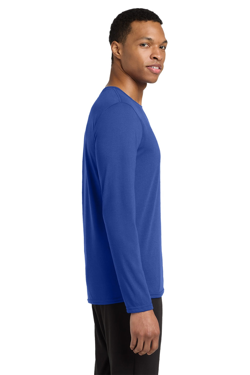 Gildan 42400 Mens Performance Jersey Moisture Wicking Long Sleeve Crewneck T-Shirt Royal Blue Model Side