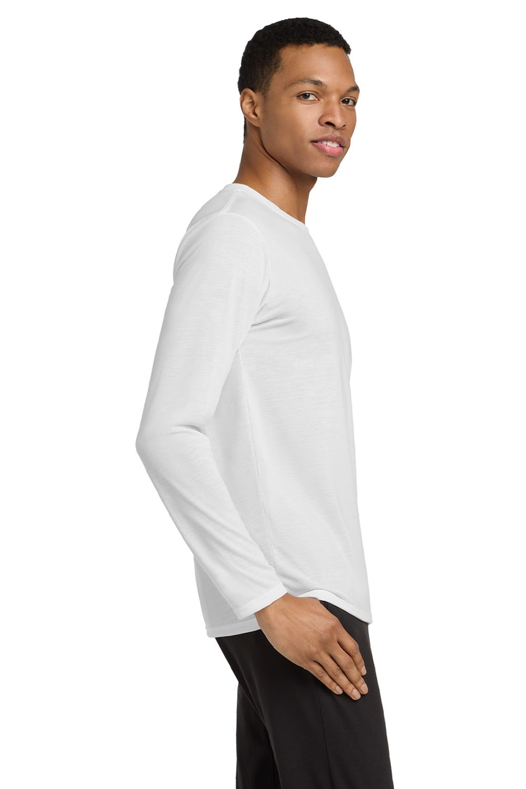 Gildan 42400 Mens Performance Jersey Moisture Wicking Long Sleeve Crewneck T-Shirt White Model Side