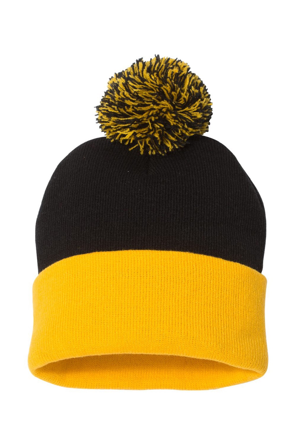 Sportsman Hats SP15 Unisex Pom-Pom Cuffed Beanie Black/Gold Flat Front