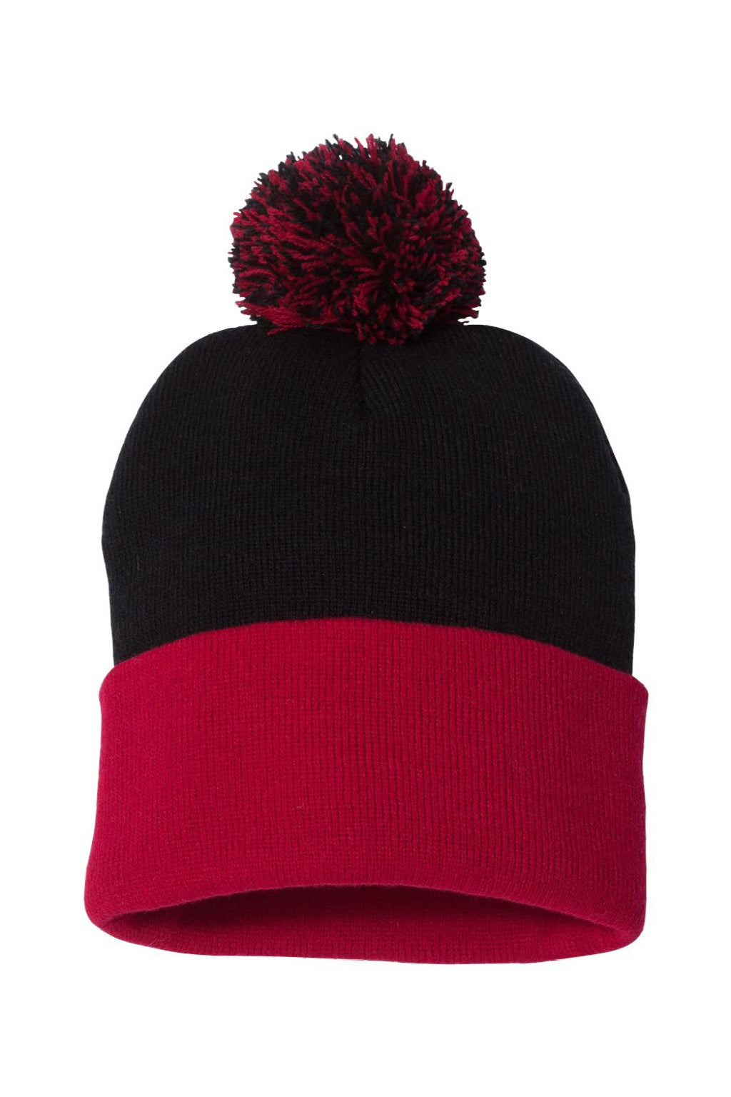 Sportsman Hats SP15 Unisex Pom-Pom Cuffed Beanie Black/Red Flat Front