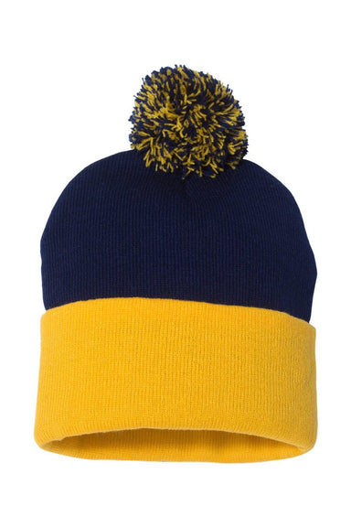 Sportsman Hats SP15 Unisex Pom-Pom Cuffed Beanie Navy Blue/Gold Flat Front