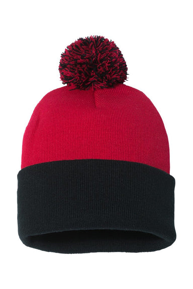 Sportsman Hats SP15 Unisex Pom-Pom Cuffed Beanie Red/Black Flat Front