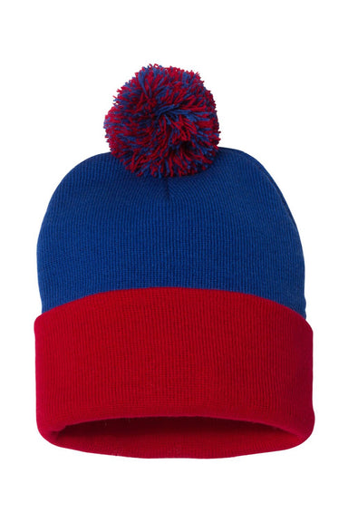 Sportsman Hats SP15 Unisex Pom-Pom Cuffed Beanie Royal Blue/Red Flat Front